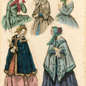1843 hand-colored fashion plate showing five women in Victorian winter coats, striped dresses, and floral bonnets for December.