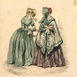 Hand-colored 1843 Le Follet fashion plate showing two women in Victorian dresses, bonnets, and an embroidered shawl in Paris.