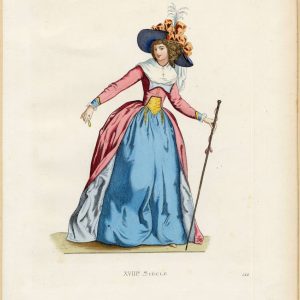 18th-century fashion plate of a French woman in a pink caraco jacket, blue skirt, and large plumed hat, holding a walking stick.