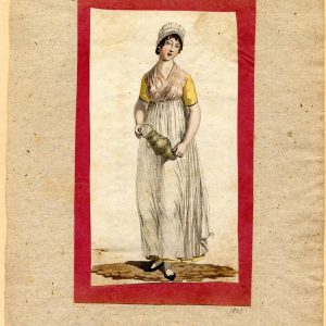 1800s engraving of a Hamburg maid in a Regency dress and white cap, holding a wicker basket, by Christoffer Suhr.