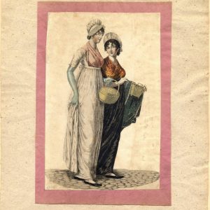 Two women in Regency-era empire waist dresses walking; one in a white gown with a bonnet, the other in black holding a woven basket.