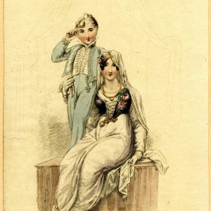 Regency era fashion plate showing a woman in a white opera dress with lace veil and a boy in a blue military-style hussar outfit.