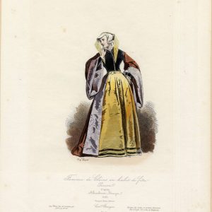 Hand-colored engraving of a Woman of Cleves in festive dress, after a 1581 design by Abraham de Bruyn, from Pauquet Frères costume series