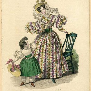 1832 French fashion plate showing a woman in a floral gigot sleeve dress and a young girl in a green dress and pantalettes.