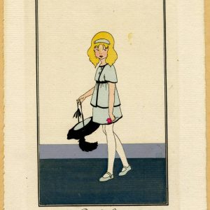 Art Deco illustration of a girl in a blue dress with black trim, holding a red rose and a feathered hat.