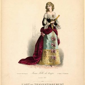 Victorian lithograph of a woman in 17th century Louis XIV dress with burgundy bodice, blue skirt, and pink bows from L'Art du Travestissement.