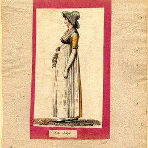 1801 engraving of a Hamburg girl in a yellow Regency dress, white apron, and bonnet, holding a wicker basket. Historical German fashion.