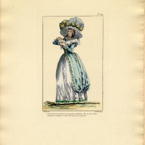 1787 French fashion plate showing a woman in a blue redingote and striped bonnet, using a scented handkerchief against bad odors.