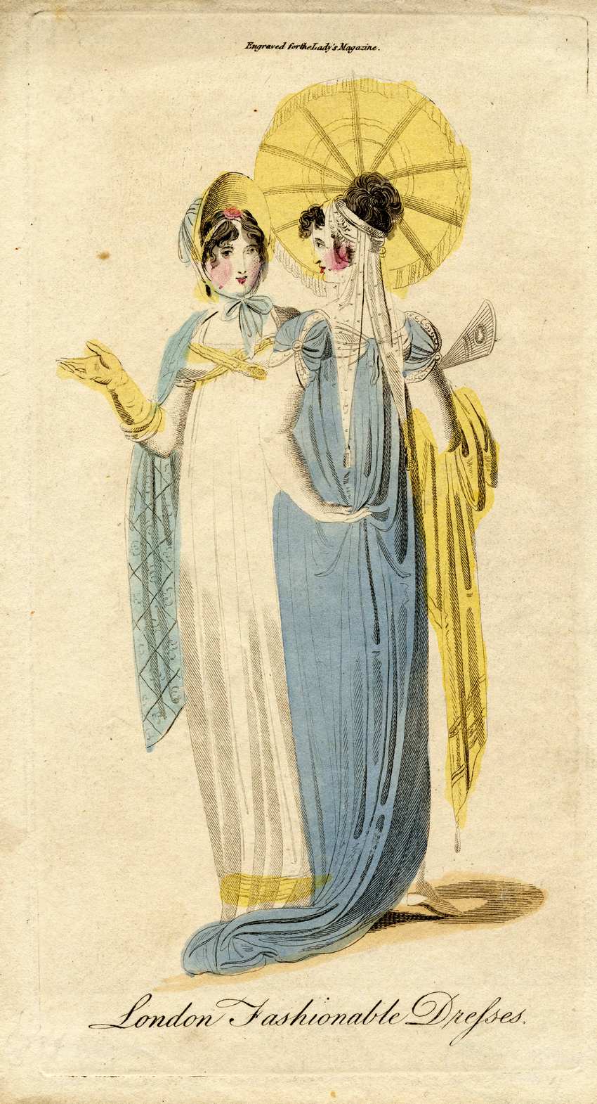 Regency Fashion Plate London Fashionable Dresses Ladys Magazine Print Regency fashion print of two women in empire waist gowns, one in white with a bonnet, the other in blue holding a yellow parasol.