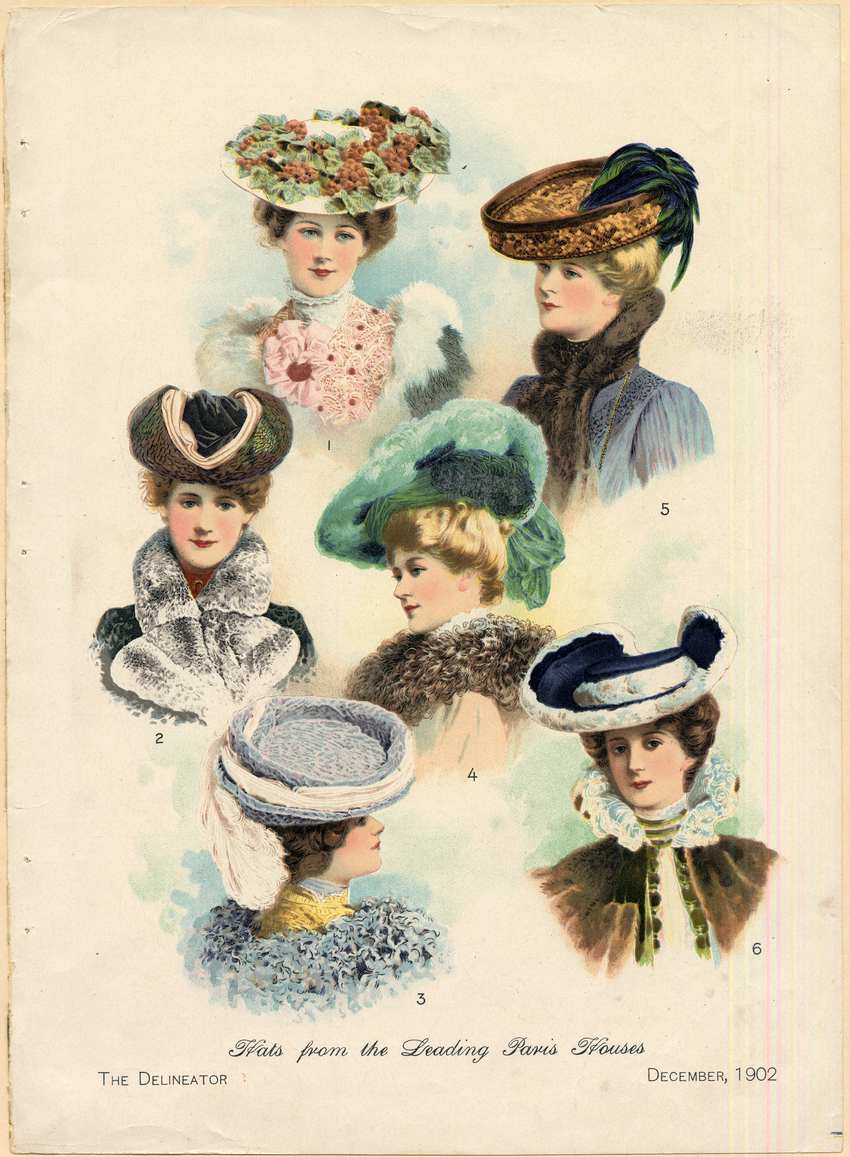 1902 Edwardian Paris Hats Fashion Plate The Delineator Six women modeling ornate Edwardian winter hats with velvet, lace, feathers, and fur from the December 1902 issue of The Delineator.