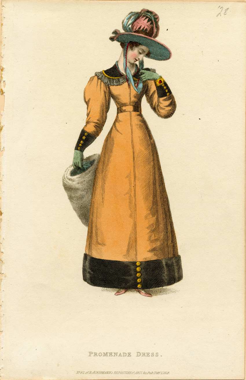 Regency Promenade Dress Fashion Plate by Ackermann (1819) 1819 Regency fashion plate of a woman in an orange promenade dress with fur trim, wearing a large feathered hat and green gloves.