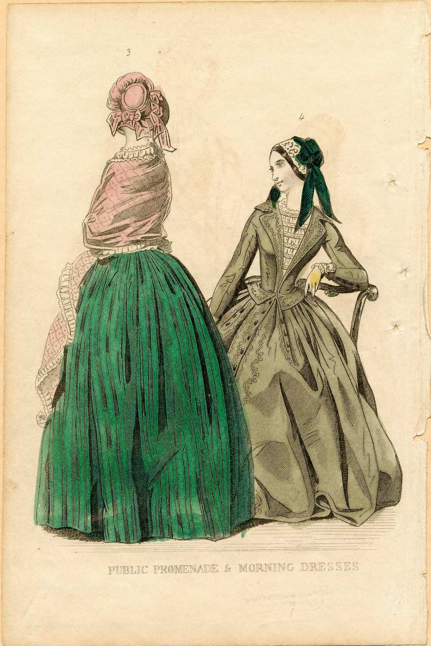1840s Victorian Public Promenade and Morning Dresses Fashion Plate Two women in Victorian 1840s fashion plate showing a green promenade skirt with pink shawl and an olive morning dress.