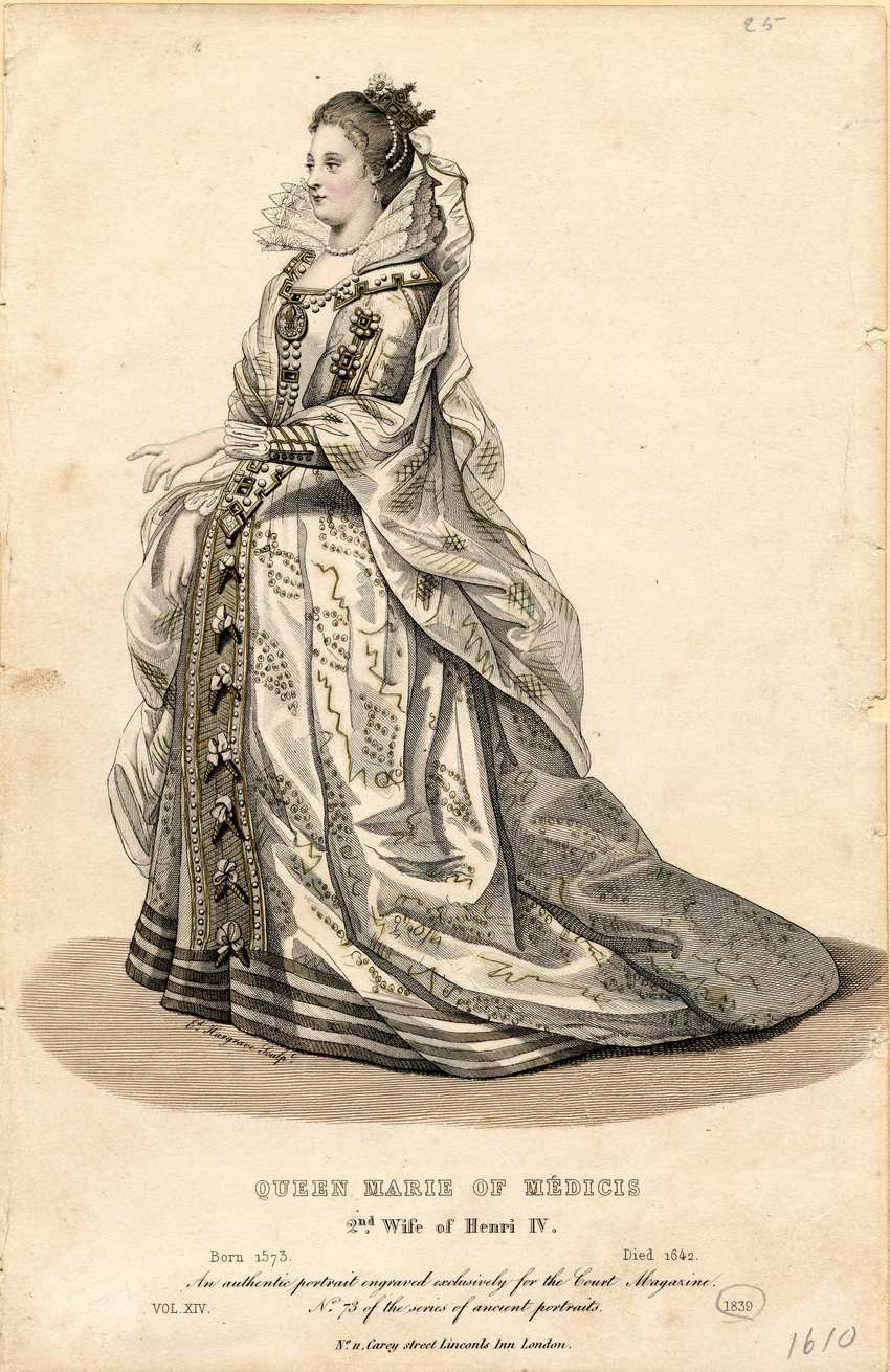 Queen Marie de Medici Portrait: 1839 Antique Engraving Court Magazine Engraving of Queen Marie of Médicis in a 17th-century royal gown with a high starched lace Medici collar and embroidered skirt.