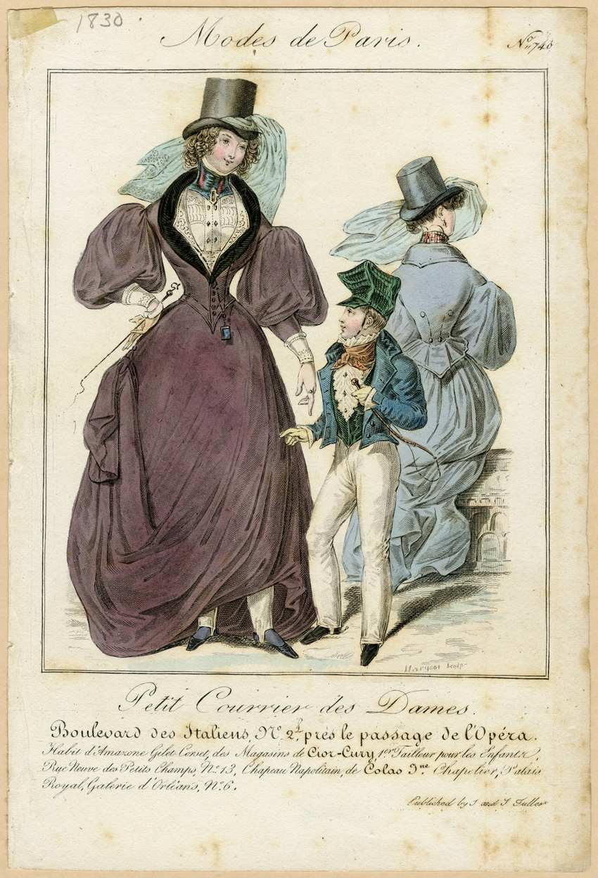 1830 Modes de Paris Riding Habits: Antique Petit Courrier des Dames Print Antique fashion plate of two women in 1830 French riding habits with top hats and veils, standing next to a young boy in a green hat.