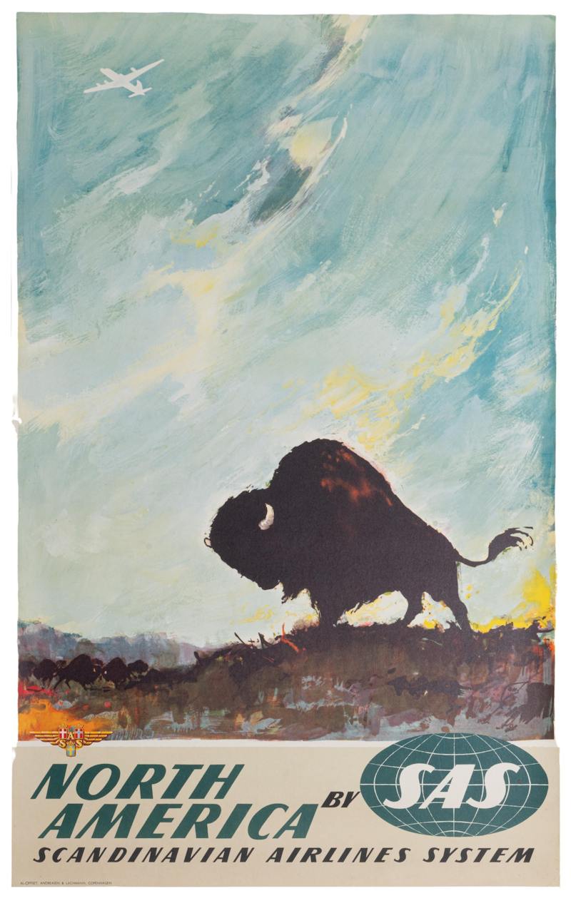 Vintage SAS North America Travel Poster with American Bison Vintage SAS airlines poster for North America featuring a silhouette of an American bison on a hill under a cloudy blue sky with a plane.