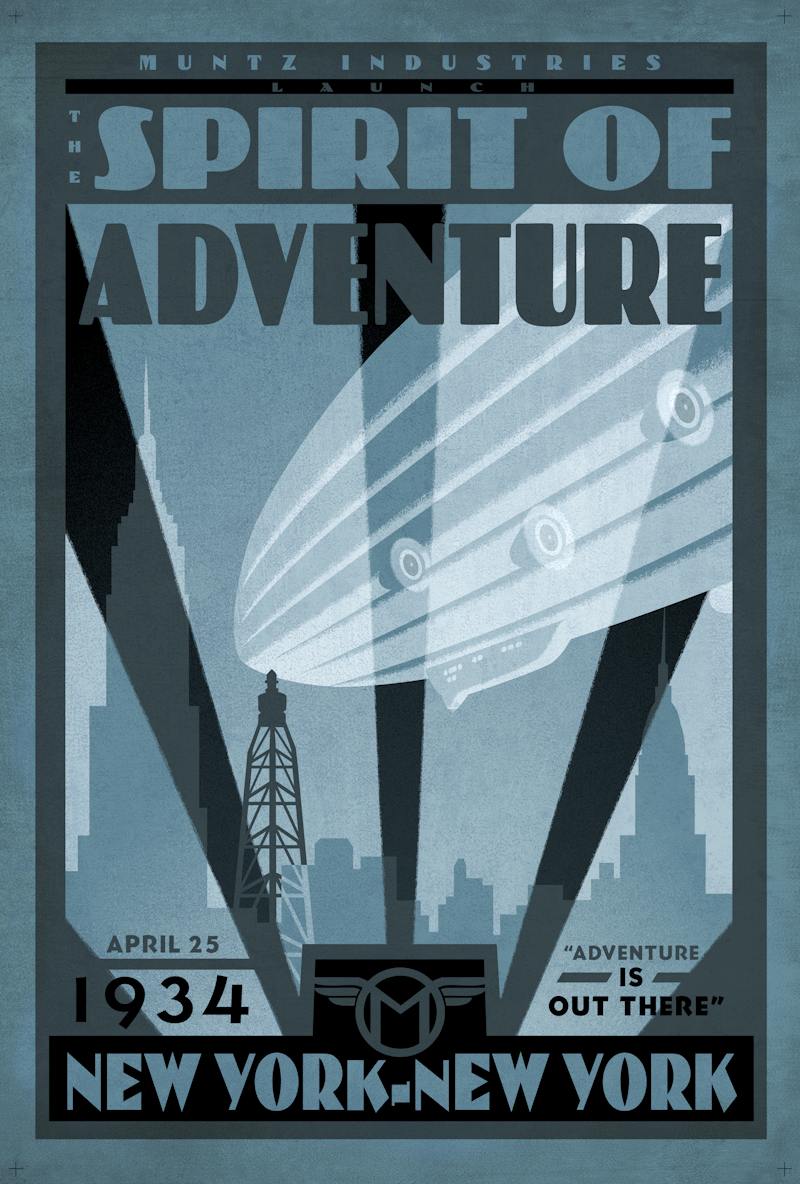 Spirit of Adventure Poster: Retro Muntz Industries Up Movie Art Print Retro movie poster for The Spirit of Adventure dirigible blimp over a 1934 New York City skyline with the quote Adventure is out there.