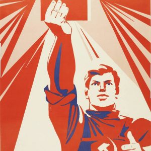 Soviet poster of a man holding the USSR Constitution against a red sunburst, with the hammer and sickle on his chest.