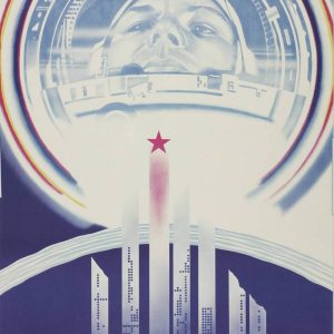 Soviet propaganda poster celebrating the achievements of the Soviet Union's space program, featuring cosmonaut Yuri Gagarin.