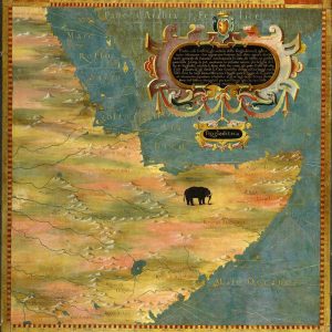 16th-century oil painting map of the Horn of Africa by Stefano Buonsignori, featuring a central elephant and ornate gold cartouche.