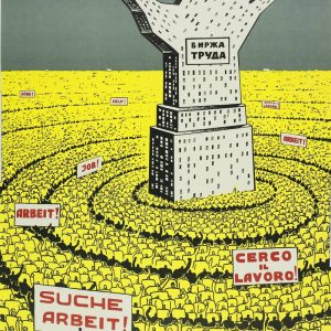 Soviet poster from 1978: a crowd of unemployed people surrounds a hand-shaped building that says "Labor Exchange," against a yellow background.