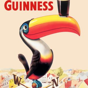 Vintage Guinness advertising poster featuring a toucan balancing a pint on its beak, perched on a weathervane by John Gilroy.