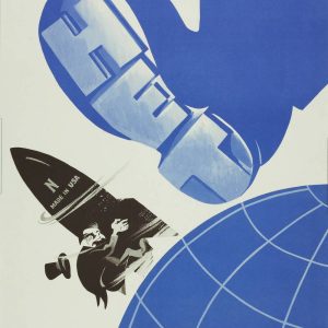 Soviet poster shows a blue boot stepping on a man in a tuxedo and a "Made in USA" missile above a globe.