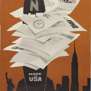 Soviet poster shows a US missile labeled "N" piercing papers labeled "Right to Life" over the New York skyline and Statue of Liberty.