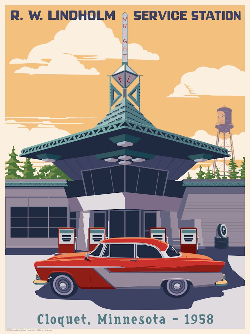 Frank Lloyd Wright Lindholm Service Station Cloquet Minnesota 1958 Retro Poster Retro poster of Frank Lloyd Wright's R.W. Lindholm Service Station in Minnesota featuring a vintage red car and a unique copper roof.