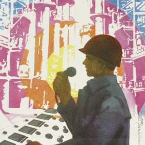 Soviet poster of a worker at a control panel with industrial pipes. Text: Industry re-equipment is a key 5-year plan task.