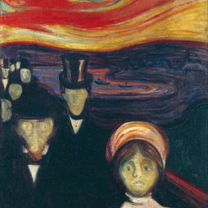 Somber crowd with pale faces walking under a swirling red sky near a dark fjord by Edvard Munch.