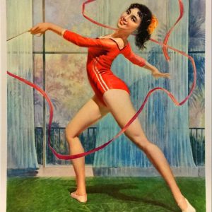 Vintage Chinese poster of a female rhythmic gymnast in a red leotard performing with a red ribbon.