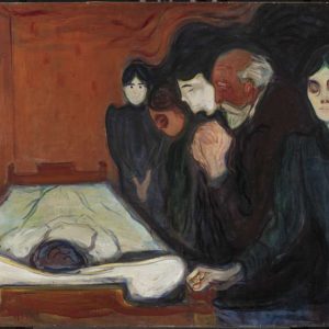 Grieving figures gathered around a deathbed with a pale body, against an intense red background by Edvard Munch.