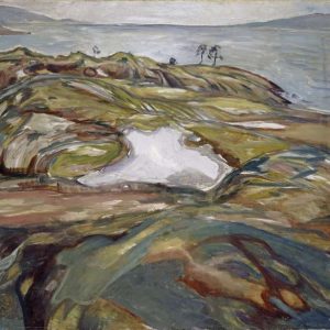 Expressionist oil painting of a rocky coastal landscape with undulating hills and a calm sea under a grey sky by Edvard Munch.