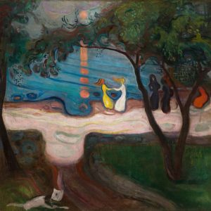 Figures dancing on a pink shore under a moonlit sky with a long golden reflection on blue water by Edvard Munch.