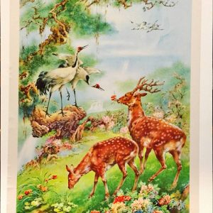 Vintage Chinese lithograph of spotted deer and red-crowned cranes in a spring landscape with waterfalls and flowers.