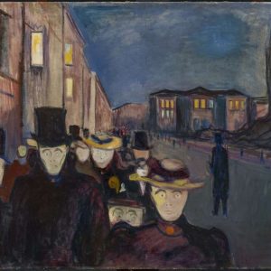 Pale, ghostly figures walking down a dark city street at twilight under a deep blue sky by Edvard Munch.