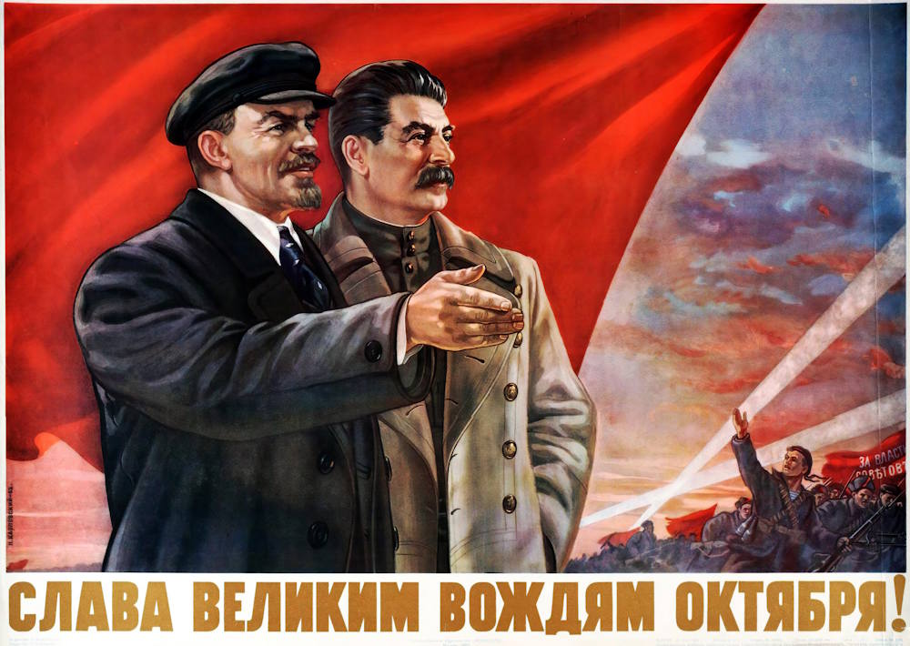 Soviet Propaganda Poster of Lenin and Stalin Art Print Soviet propaganda poster featuring Vladimir Lenin and Joseph Stalin against a red flag, celebrating the October Revolution.