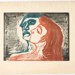 Woodcut of a man and woman's heads in profile, featuring bold red and blue colors with expressive, textured lines by Edvard Munch.