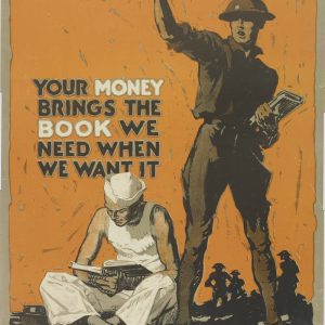 WWI propaganda poster with a soldier holding a book and a sailor reading for the American Library Association in 1918.