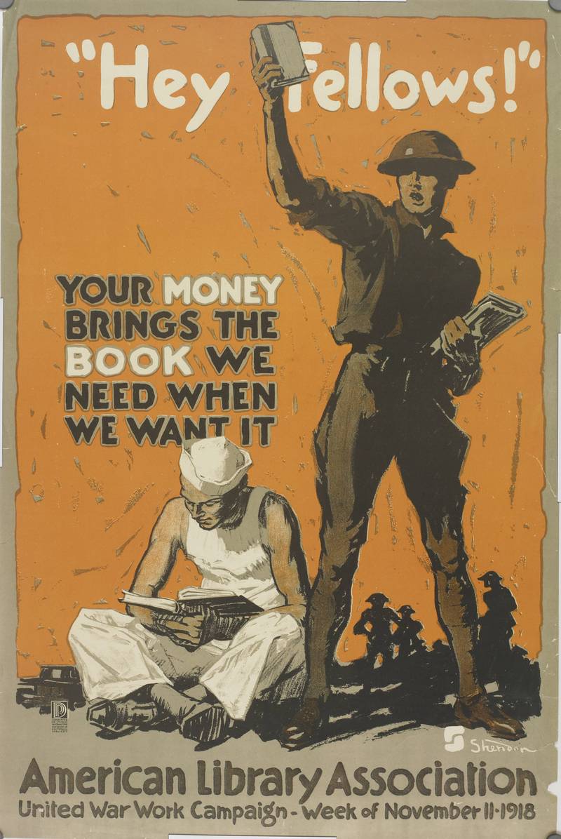 WWI American Library Association Propaganda Poster Hey Fellows 1918 WWI propaganda poster with a soldier holding a book and a sailor reading for the American Library Association in 1918.