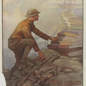WWI American poster Knowledge Wins showing a soldier climbing a bridge of library books toward a city skyline.
