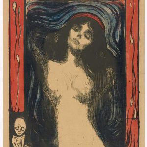 Edvard Munch Madonna lithograph featuring a dark-haired woman, red border with fetus and sperm motifs, expressionist style.