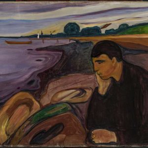 A man resting his chin on his hand sitting by a shoreline with purple water and a distant pier by Edvard Munch.
