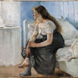 Young woman with long hair sitting on the edge of a bed in a sunlit room by Edvard Munch.