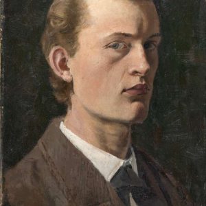 Oil painting of young Edvard Munch in a brown jacket and black tie, looking sideways against a dark background.