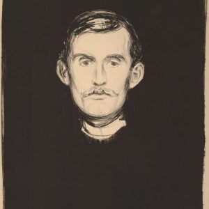 Lithograph self-portrait of Edvard Munch with a skeletal arm at the bottom, set against a solid black background.