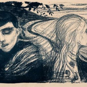 Lithograph of a man in shadow and a woman in profile with long hair intertwining between them by Edvard Munch.