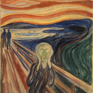 Iconic painting of a figure screaming on a bridge under a swirling orange and yellow sky by Edvard Munch.