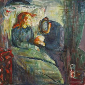Painting of a pale, red-haired girl in bed with a grieving woman bowing her head beside her by Edvard Munch.