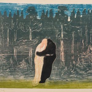 Woodcut of an embracing couple standing before a dark, textured forest under a blue sky by Edvard Munch.